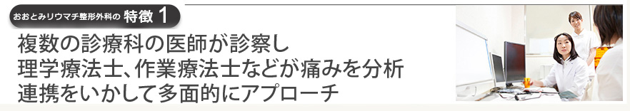 整形外科医・リウマチ科医・神経内科医・乳腺科医など 複数科目の医師が診療し理学療法士、作業療法士などが痛みを分析して多面的にアプローチ